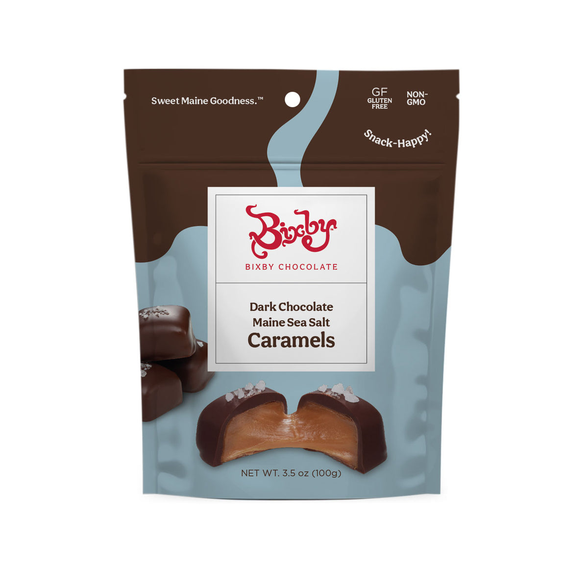 A set of six resealable pouches of Bixby Chocolates Dark Chocolate Sea Salted Caramels, featuring Maine caramel coated in dark chocolate with sea salt. Each pouch is labeled gluten-free and non-GMO.
