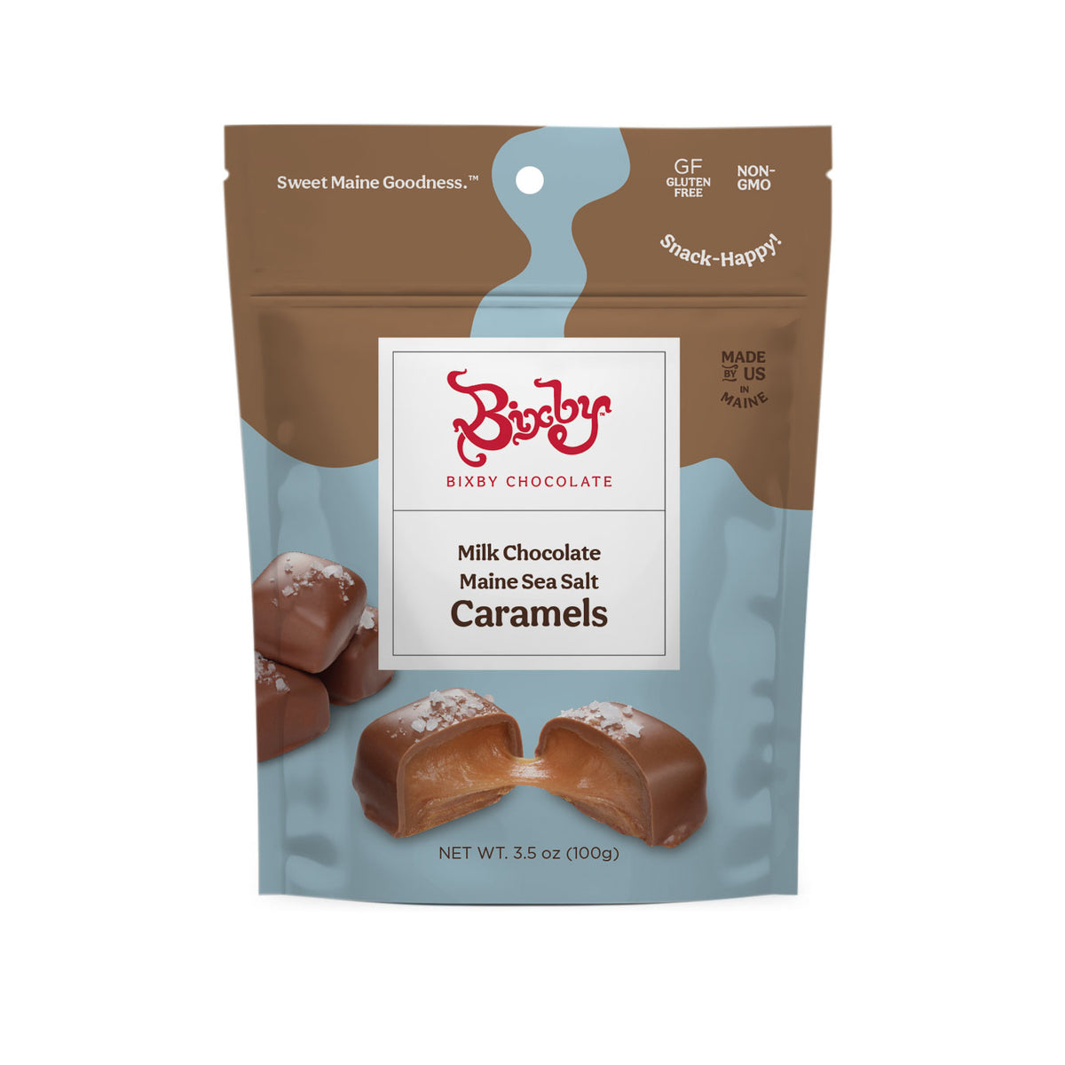A brown and blue resealable pouch of Bixby Chocolates Milk Chocolate Sea Salt Caramels—gluten-free, non-GMO, with images of sea-salted caramels on the front. Available in a 6-pouch pack.