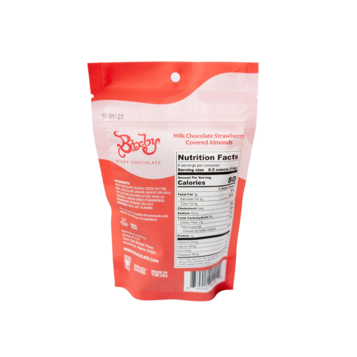 Back of a red and white Bixby Chocolates Strawberries & Cream Almonds package, showing nutritional facts, ingredients, barcode, and branding for almonds coated in strawberry milk chocolate.