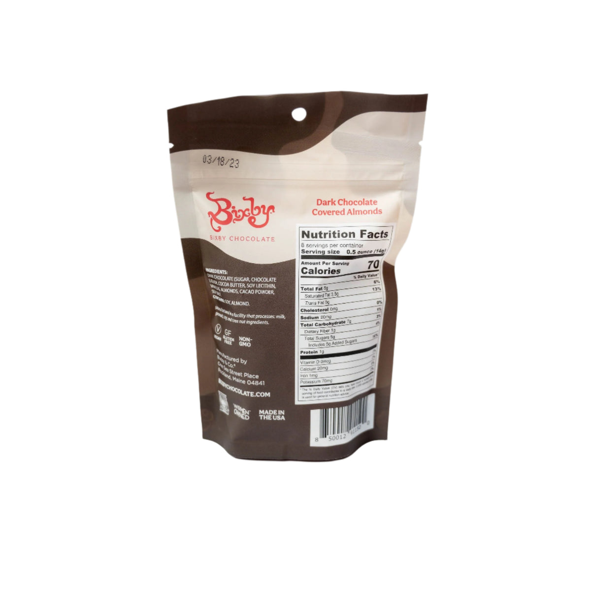 A brown and white resealable bag of Bixby Chocolates Dark Chocolate Almonds contains roasted almonds coated in rich chocolate. The back shows nutrition facts and ingredients, highlighting this healthy snack against a white background.