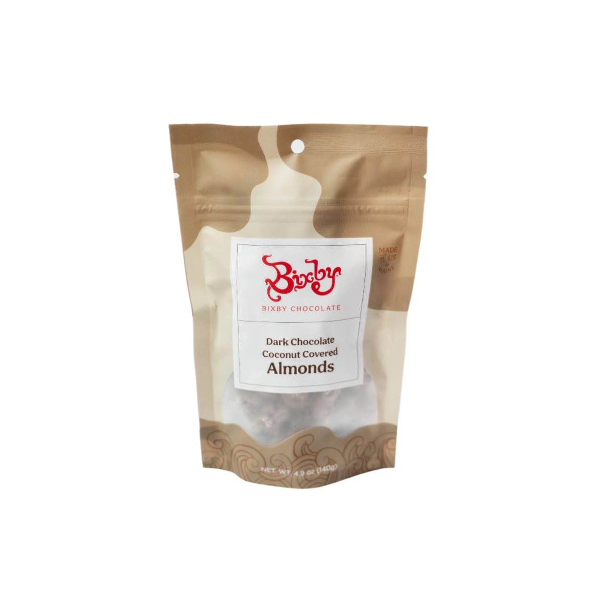 A beige and white stand-up pouch of Bixby Chocolates Dark Chocolate Coconut Almonds, made with small batch chocolate, displays the Bixby logo and product name on the front. The sealed pouch is shown against a white background.