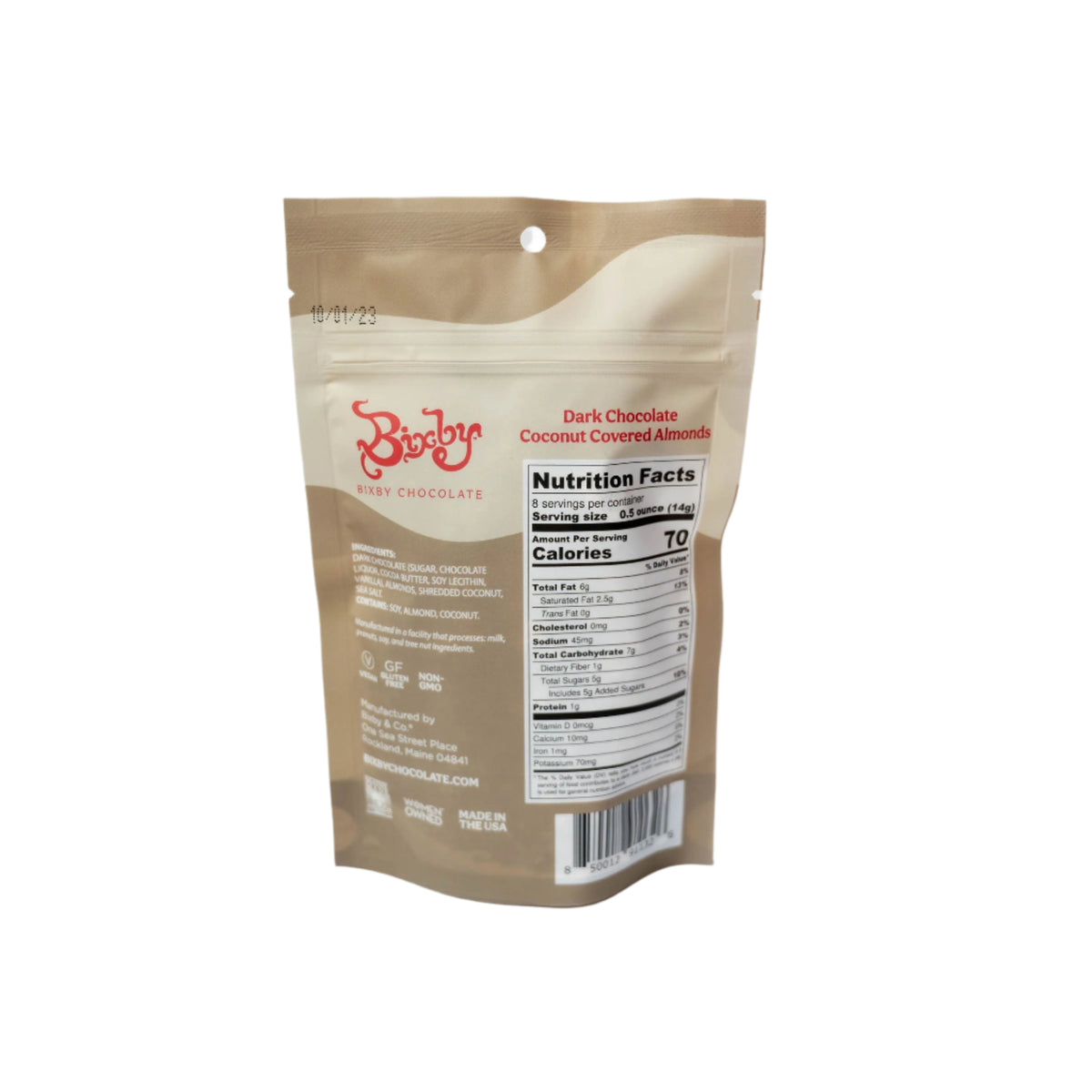 Back of a beige Bixby Chocolates package labeled Dark Chocolate Coconut Almonds, showing nutrition facts, ingredients, and brand info. The resealable bag features small batch chocolate reminiscent of a coconut candy bar.