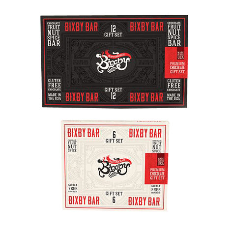 Two Bixby Chocolates Assorted Gift Boxes of Bixby Bars—one black (12 bars), one white (6 bars)—feature decorative designs, red accents, and assorted chocolate details around the borders.