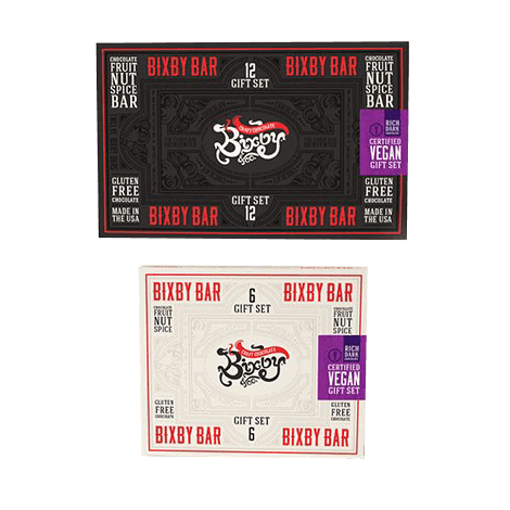 The Vegan Bixby Bar Gift Box by Bixby Chocolates includes two rectangular boxes (black with 12 bars, white with 6 bars), both gluten free, vegan, made in the USA with organic ingredients—an ideal certified Vegan Gift.