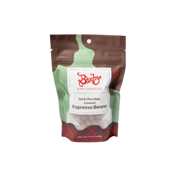 A stand-up pouch of Bixby Chocolates Dark Chocolate Covered Espresso Beans in brown, green, and white packaging with a clear window—a tasty coffee snack for chocolate and espresso lovers.