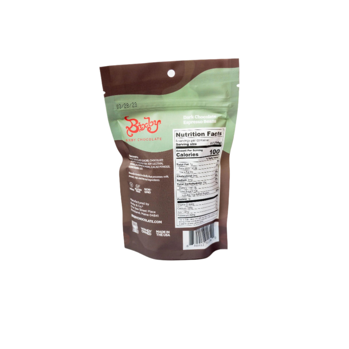 A stand-up pouch of Bixby Chocolates Dark Chocolate Covered Espresso Beans with a green and brown design is shown from the back, displaying nutrition facts—a tasty coffee snack for chocolate and espresso fans.