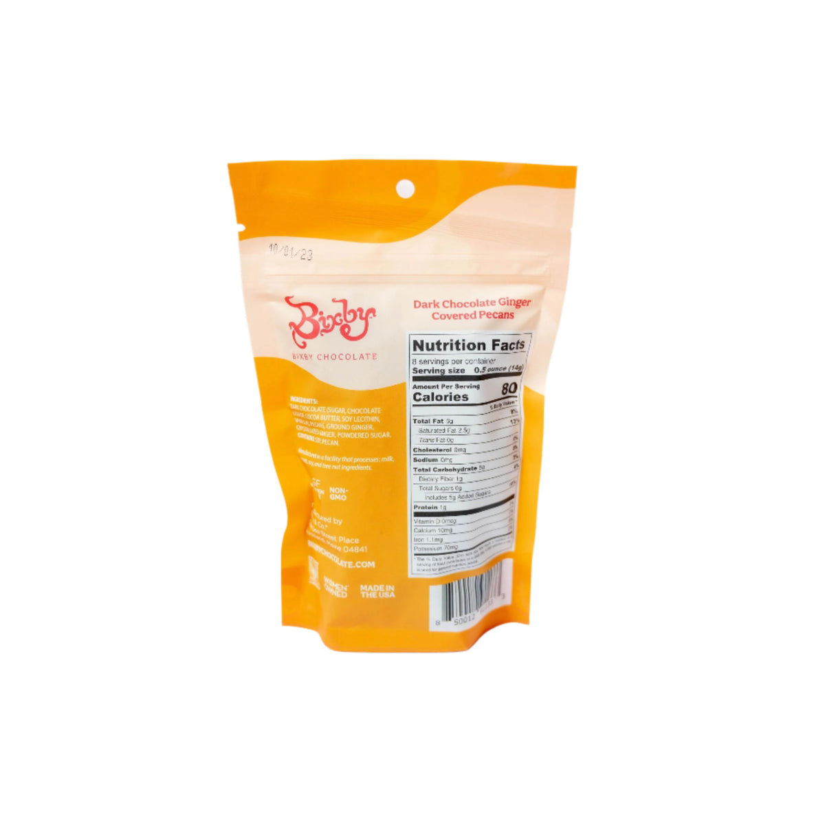 A yellow and orange resealable bag of Bixby Chocolates Dark Chocolate Ginger Covered Pecans is shown from the back, displaying nutrition facts, barcode, ingredients, and brand details—a great choice for fans of crystallized ginger snacks.