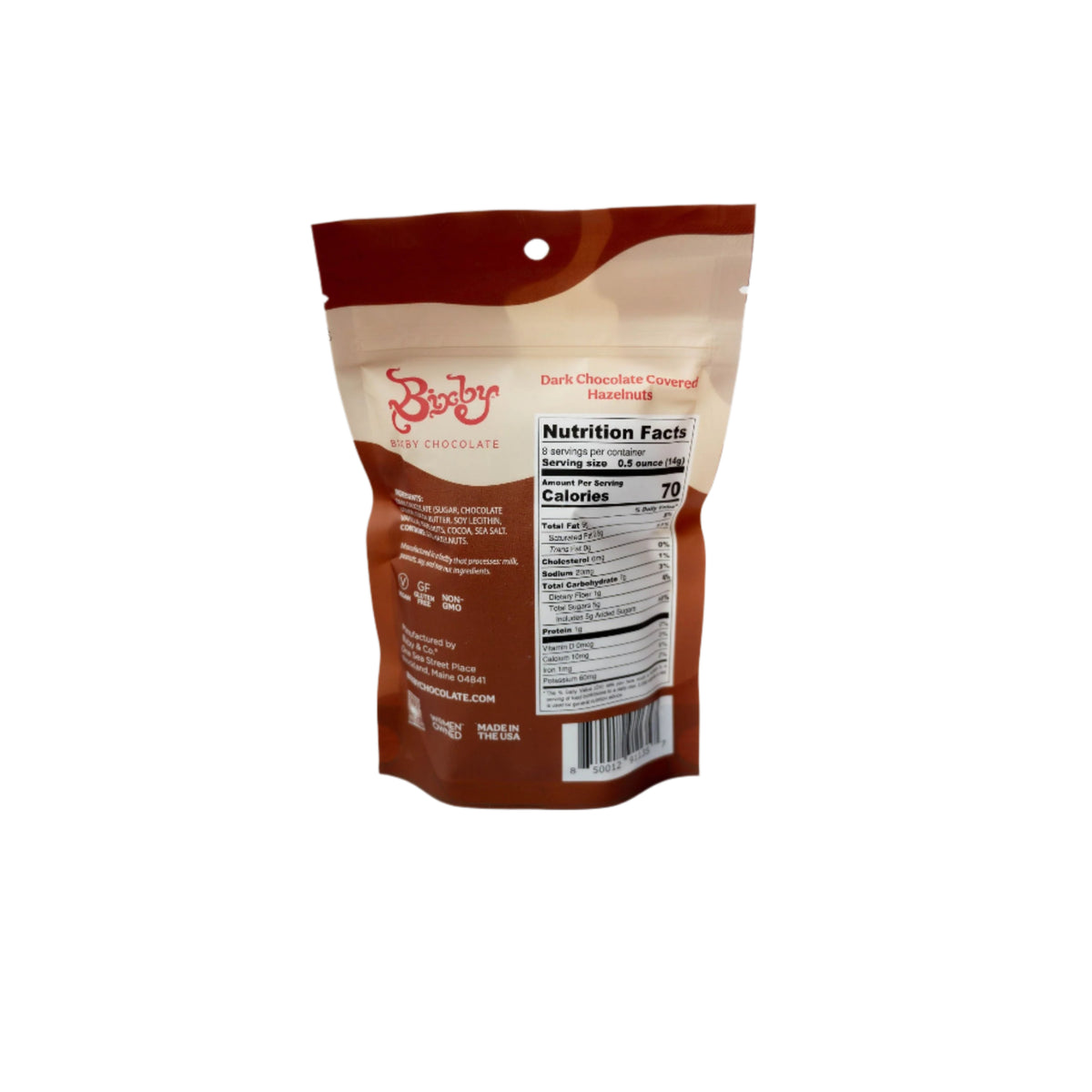 A standing pouch of Bixby Chocolates Dark Chocolate Hazelnuts is shown from the back, displaying nutrition facts and product info on a brown and beige package with chocolate covered nuts.