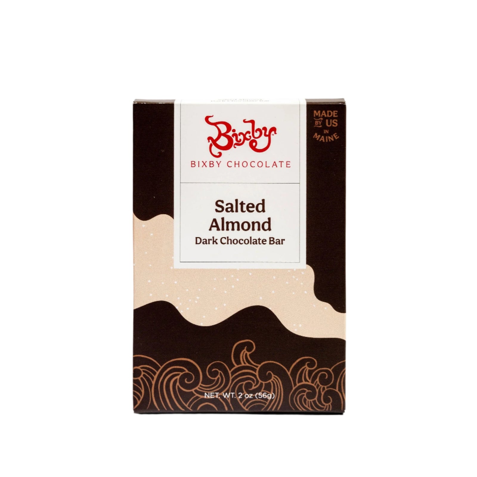 The Bixby Chocolates Dark Chocolate Salted Almond Chocolate Bar features 70% dark chocolate and salted almonds, comes in a beige and brown box with wave designs, is bean to bar and crafted in Maine, USA. Net weight: 2 oz (56g).
