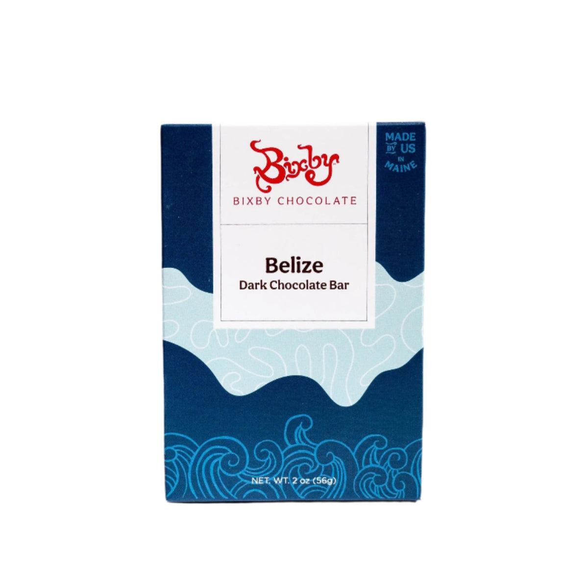 A Bixby Chocolates Organic Belize 70% Dark Chocolate Bar comes in blue and white wave-patterned packaging featuring ethical sourcing, "Made in the USA" text, and has a net weight of 2 oz (56g).