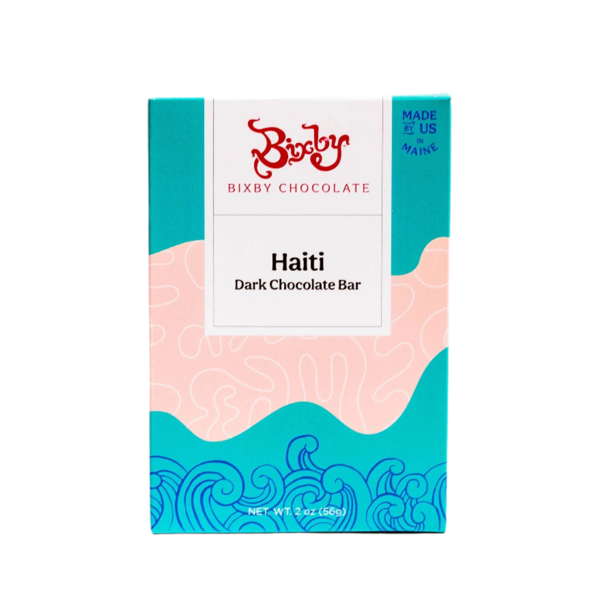 A Bixby Chocolates box labeled Organic Haitian 70% Dark Chocolate Bar, with abstract pink and teal waves on the packaging. It states Made in Maine and Net Wt. 2 oz (56g).