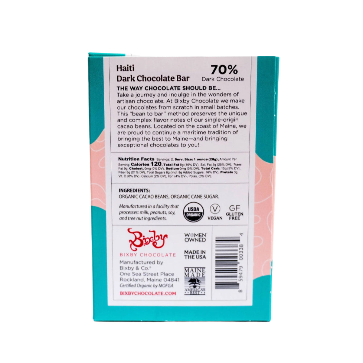 Back of a Bixby Chocolates Organic Haitian 70% Dark Chocolate Bar package. Teal with white and peach accents. Features ingredients, nutrition, certifications, company info. Made with Haitian cacao. Bean to bar chocolate.