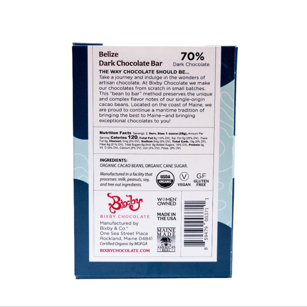 Back of a Bixby Chocolates Organic Belize 70% Dark Chocolate Bar, featuring product info, nutrition facts, ingredients, and certifications such as USDA Organic, Vegan, Gluten Free, Non-GMO—crafted from ethically sourced Belizean cacao.
