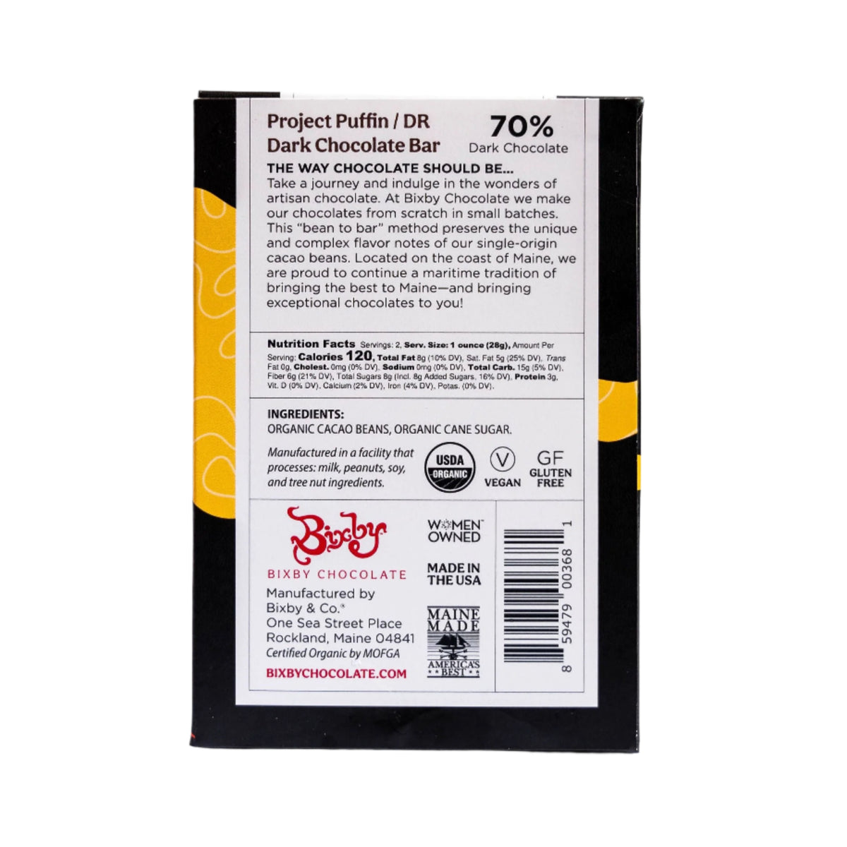Back of a Bixby Chocolates Organic Project Puffin 70% Dark Chocolate Bar with organic Dominican Republic cacao, nutritional facts, ingredients, certifications, and info on supporting seabird conservation in Maine.