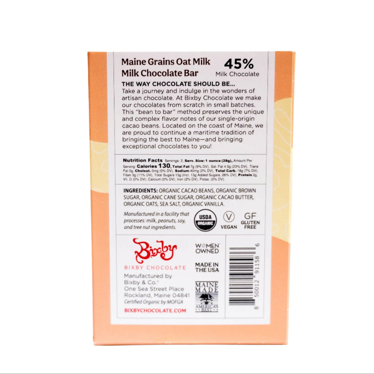 Back of a Bixby Chocolates Organic Maine Grains Oat Milk Chocolate Bar (Vegan), with ingredients, nutrition facts, USDA Organic, Vegan, Gluten Free certifications, plus details on the vegan chocolate’s flavor and origin.
