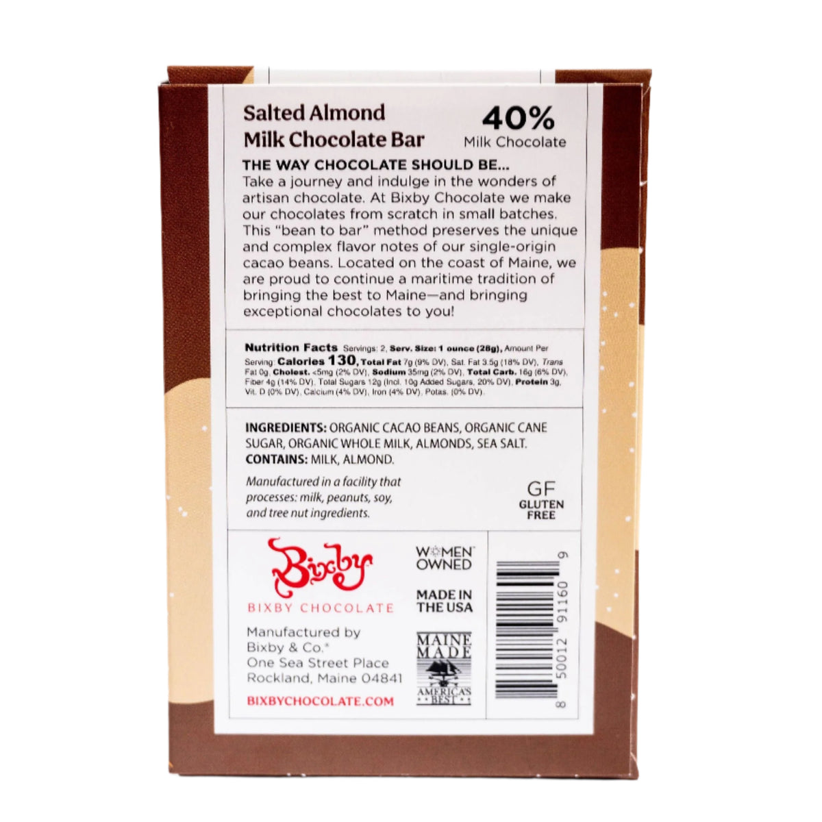 Back of a Bixby Chocolates Milk Chocolate Salted Almond Chocolate Bar, showing ingredients, nutrition facts, product description, company info, and certifications including gluten-free, women-owned, and Maine Made logos.