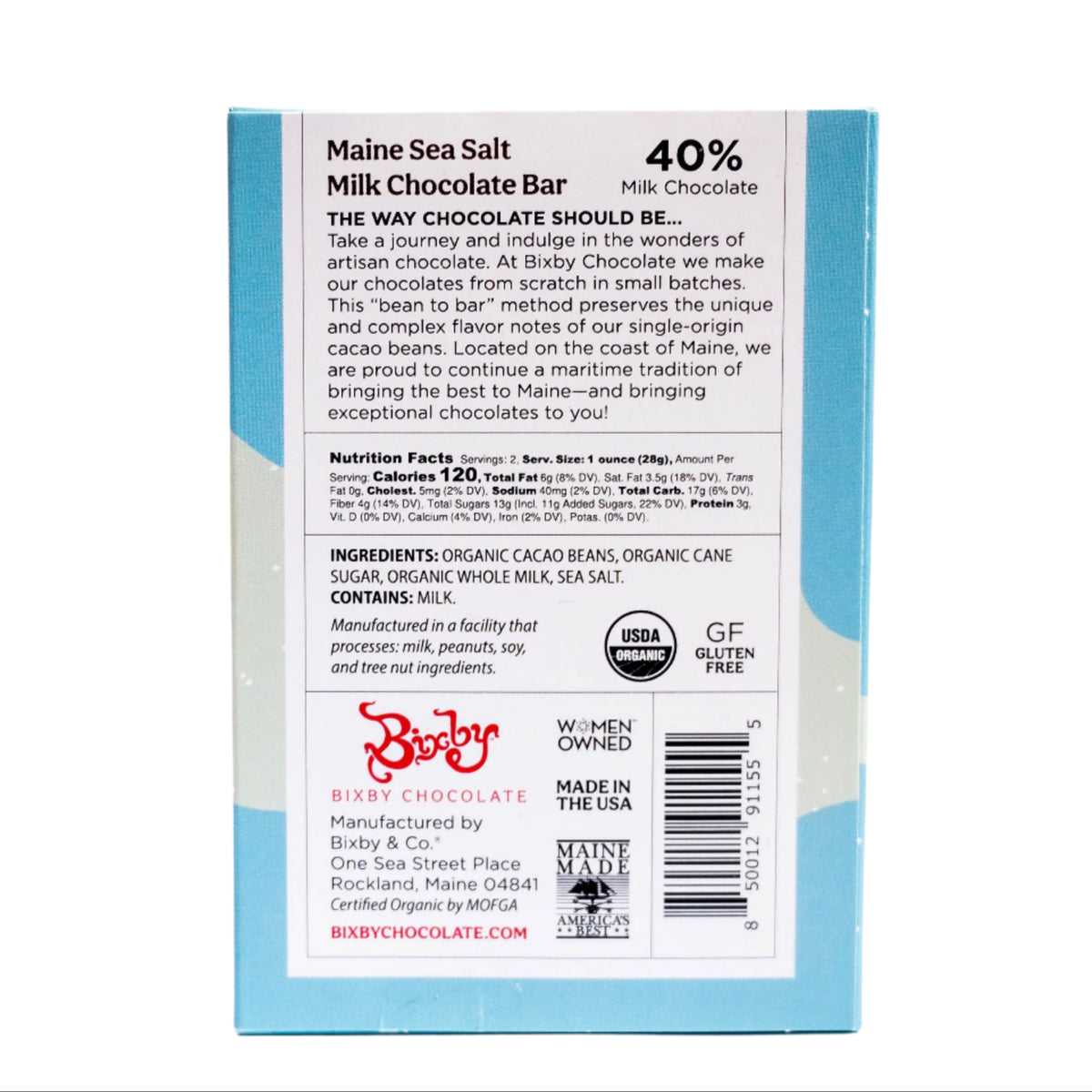 Back of a Bixby Chocolates Organic Milk Chocolate Maine Sea Salt Bar showing ingredients, nutrition facts, company details, and certifications: USDA Organic, Gluten Free, Women Owned, and Maine Made.