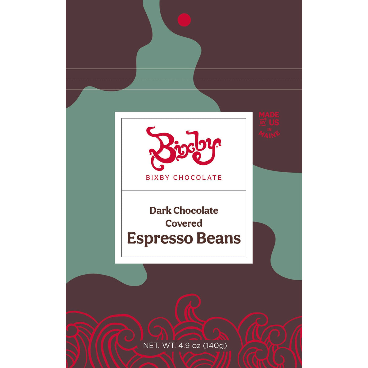 A 4.9 oz (140g) package of Bixby Chocolates Dark Chocolate Covered Espresso Beans features a green, brown, and red abstract design with the brand and product name highlighted—a delicious coffee snack.