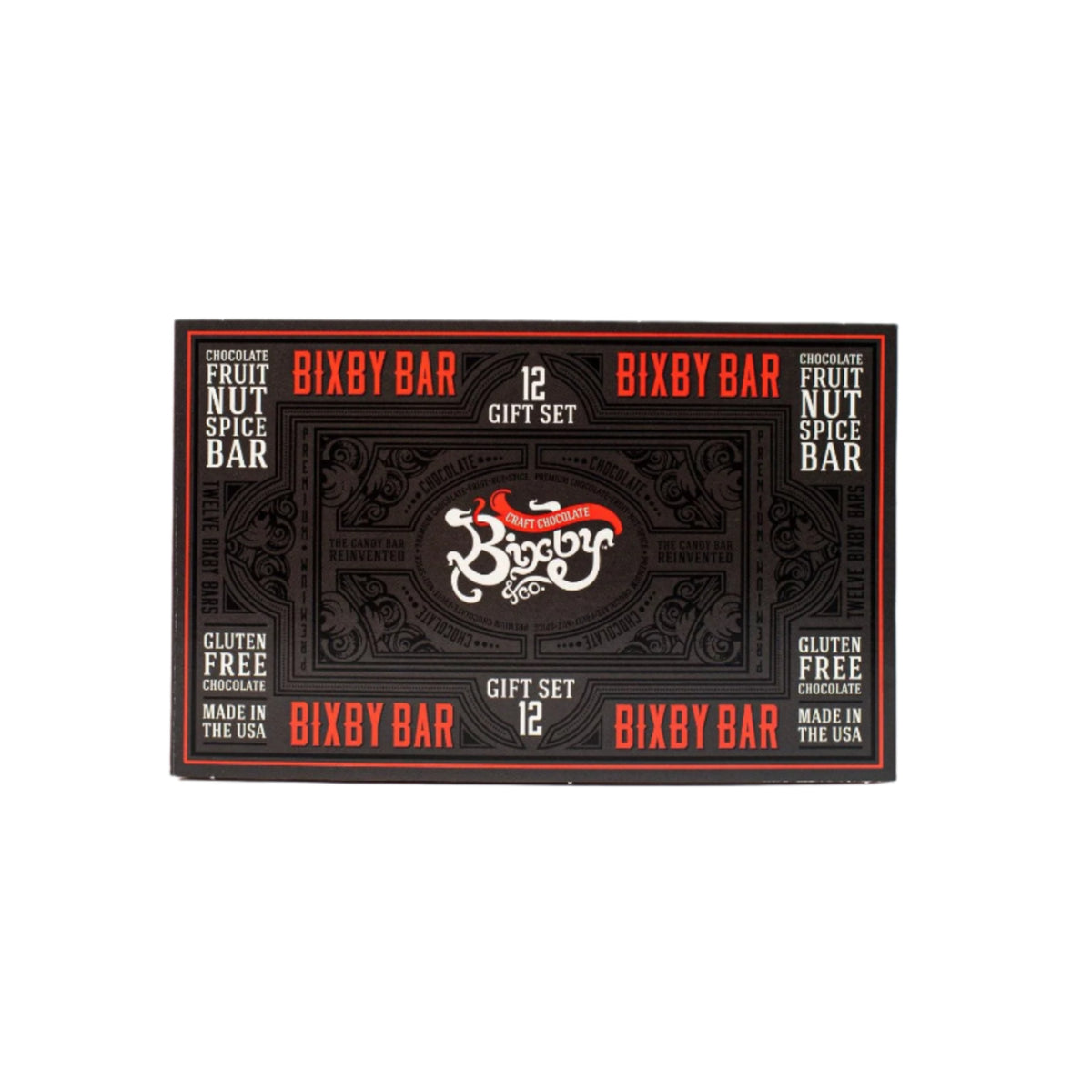 The Vegan Bixby Bar Gift Box by Bixby Chocolates features a rectangular box with an ornate black design, red borders, and includes 12 chocolate fruit nut spice bars. The set is gluten free, vegan, organic, and made in the USA.