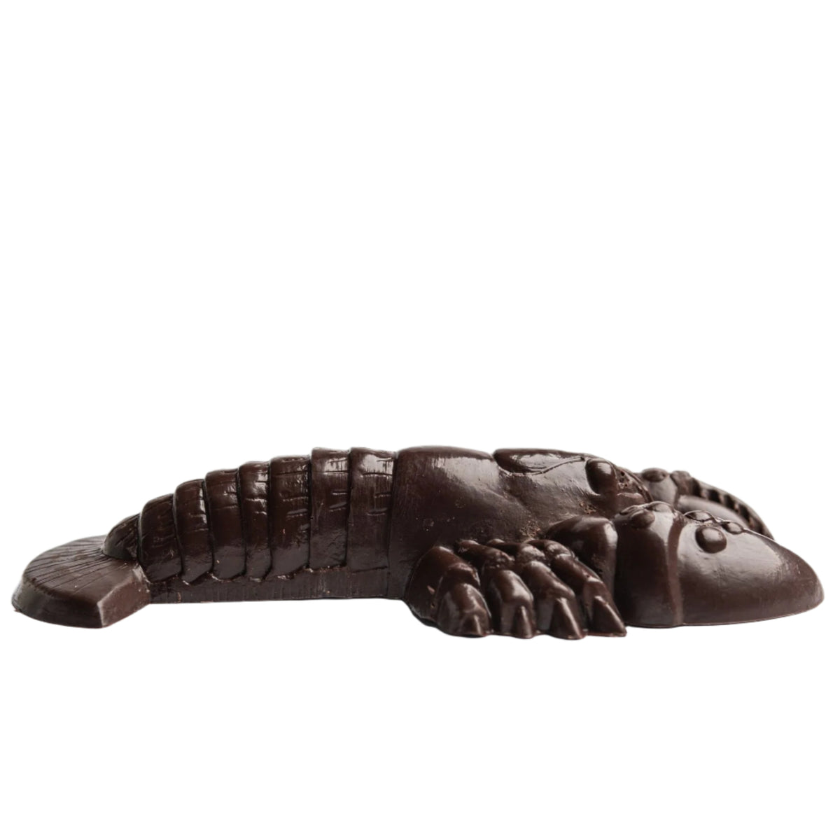 The Bixby Chocolates Dark Chocolate 1 lb Lobster (Vegan) lies flat on a white background—perfect as a unique Maine chocolate gift.
