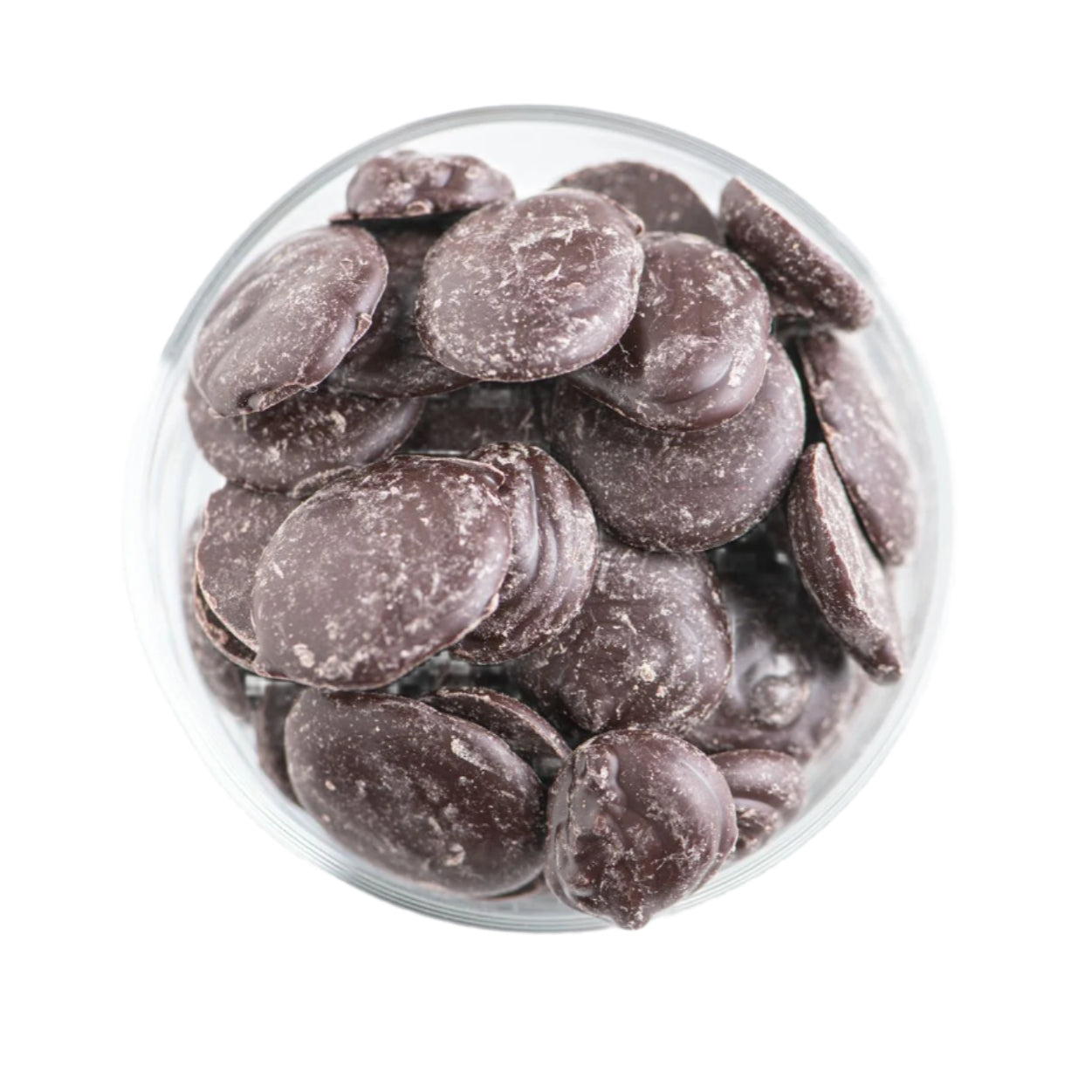 A glass bowl filled with Bixby Chocolates Baking Chocolate Chips, viewed from above on a white background.